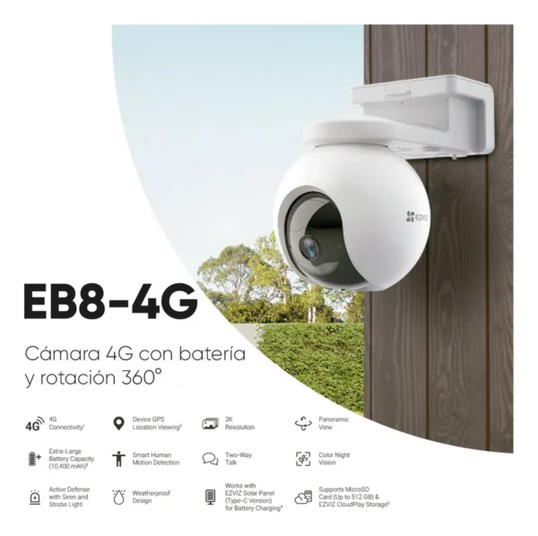CAMARA EZVIZ EB8 4G 2K CON PANEL SOLAR BIDIRECCIONAL PANORAMICA BATERIA 10400MAH SIRENA HASTA 512GB