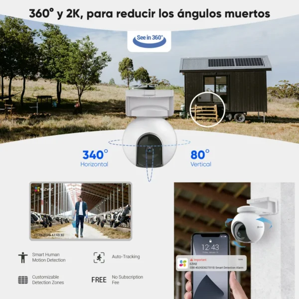 CAMARA EZVIZ EB8 4G 2K CON PANEL SOLAR BIDIRECCIONAL PANORAMICA BATERIA 10400MAH SIRENA HASTA 512GB