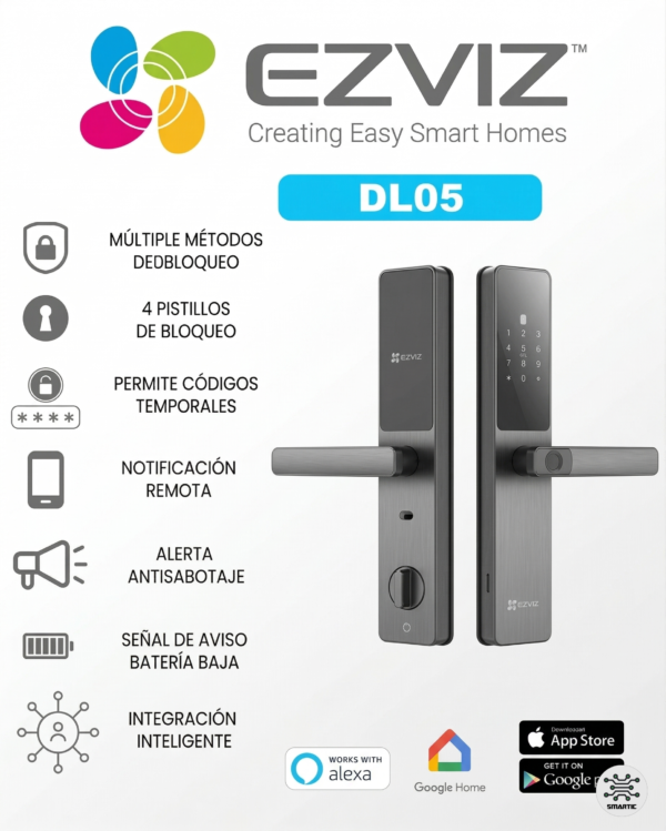 Cerradura inteligente Ezviz DL05 con lector de huella, códigos de desbloqueo. Compatible con Alexa y Google Home.