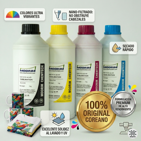 Litro de Tinta Moorim para Sublimación CMYK Cyan Magenta Yellow Black Características