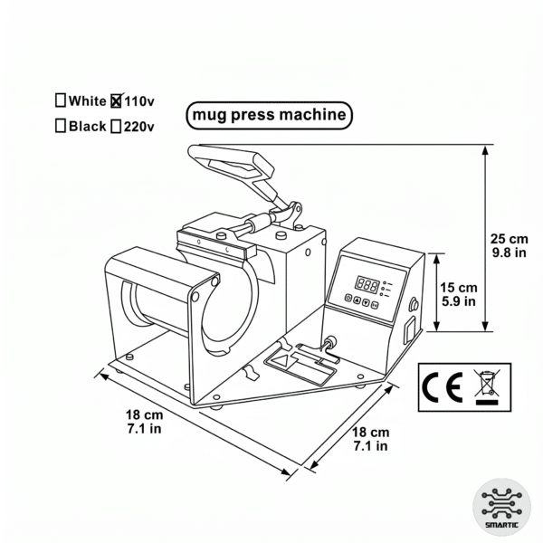 Máquina para sublimar jarros de 11oz Smartic. Prensa de Sublimación para Tazas, medidas