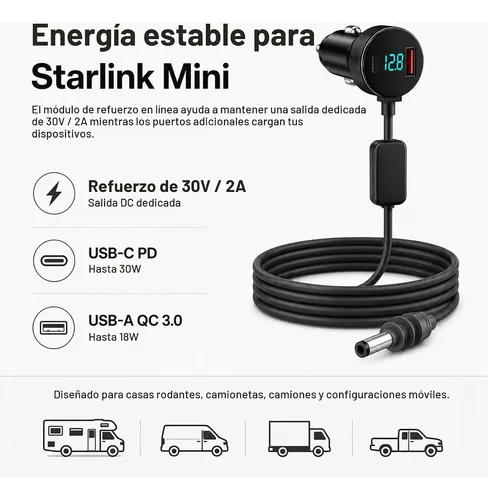 Cargador de Auto Cigarrera12V/24V para Starlink Mini | Conexión Directa 3m y 5m