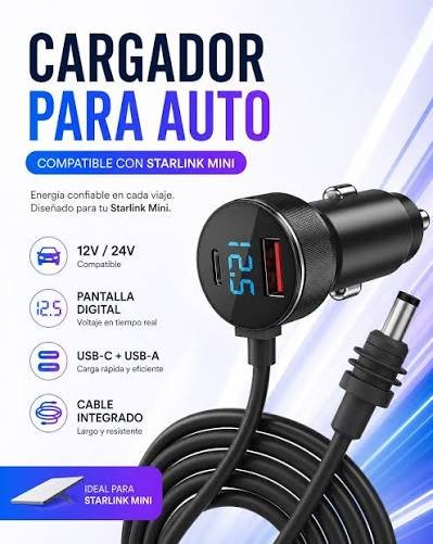 Cargador de Auto Cigarrera12V/24V para Starlink Mini | Conexión Directa 3m y 5m