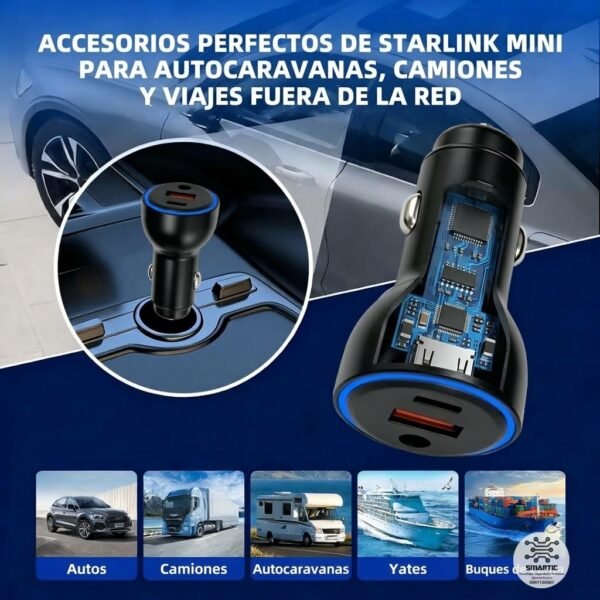 Cargador Vehicular DC 60w Usb-a Usb-c para Starlink Mini | Usa tu Cable Original 15m