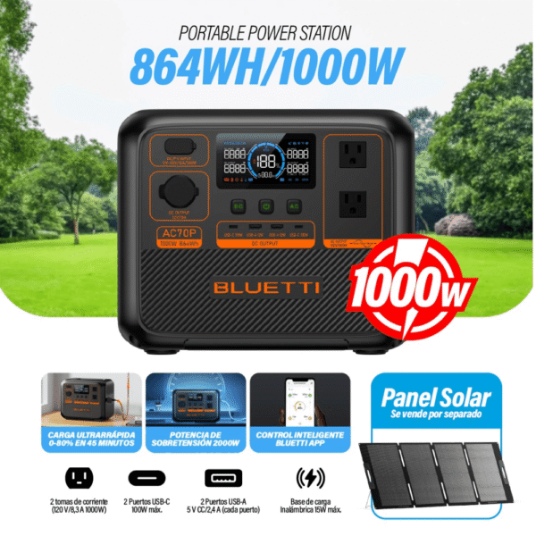 Estación de Energía BLUETTI AC70P 1000W / 864Wh | Respaldo Total